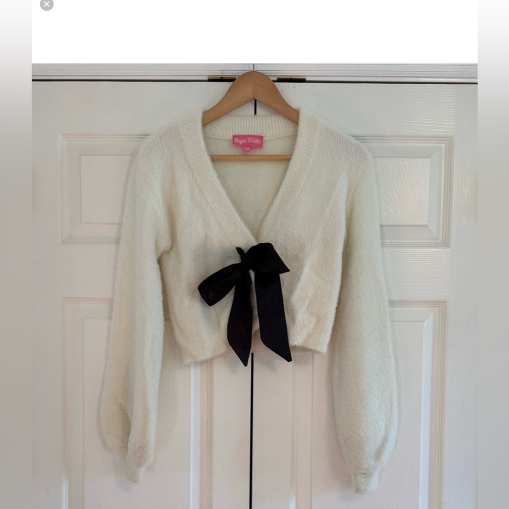 Sugar Thrillz Cream Cardigan with Black Bow